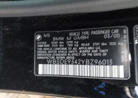 2000 BMW M5 z USA, uszkodzony, nr VIN WBSDE9342YBZ96013